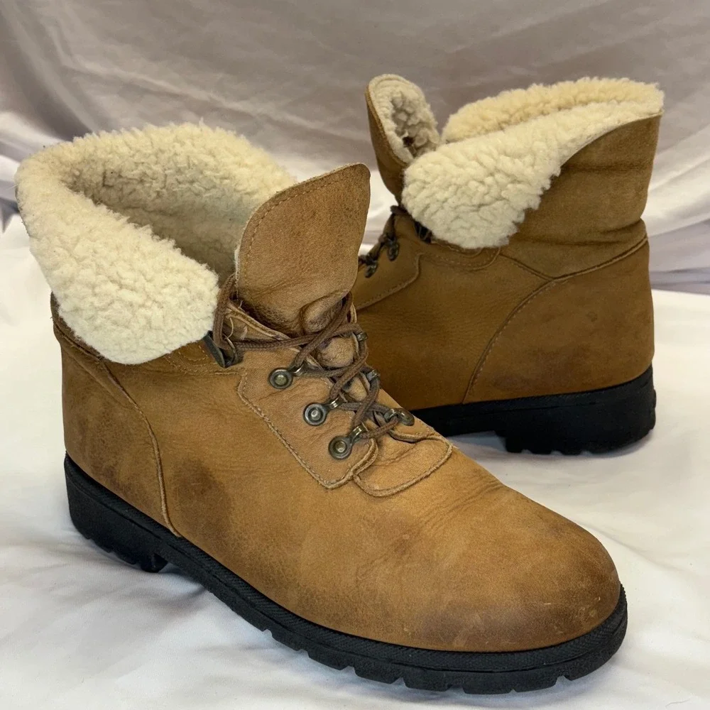 VTG Sorel Boots Women's‎ 10M Leather Shearling Lined Ankle Winter Made in Canada